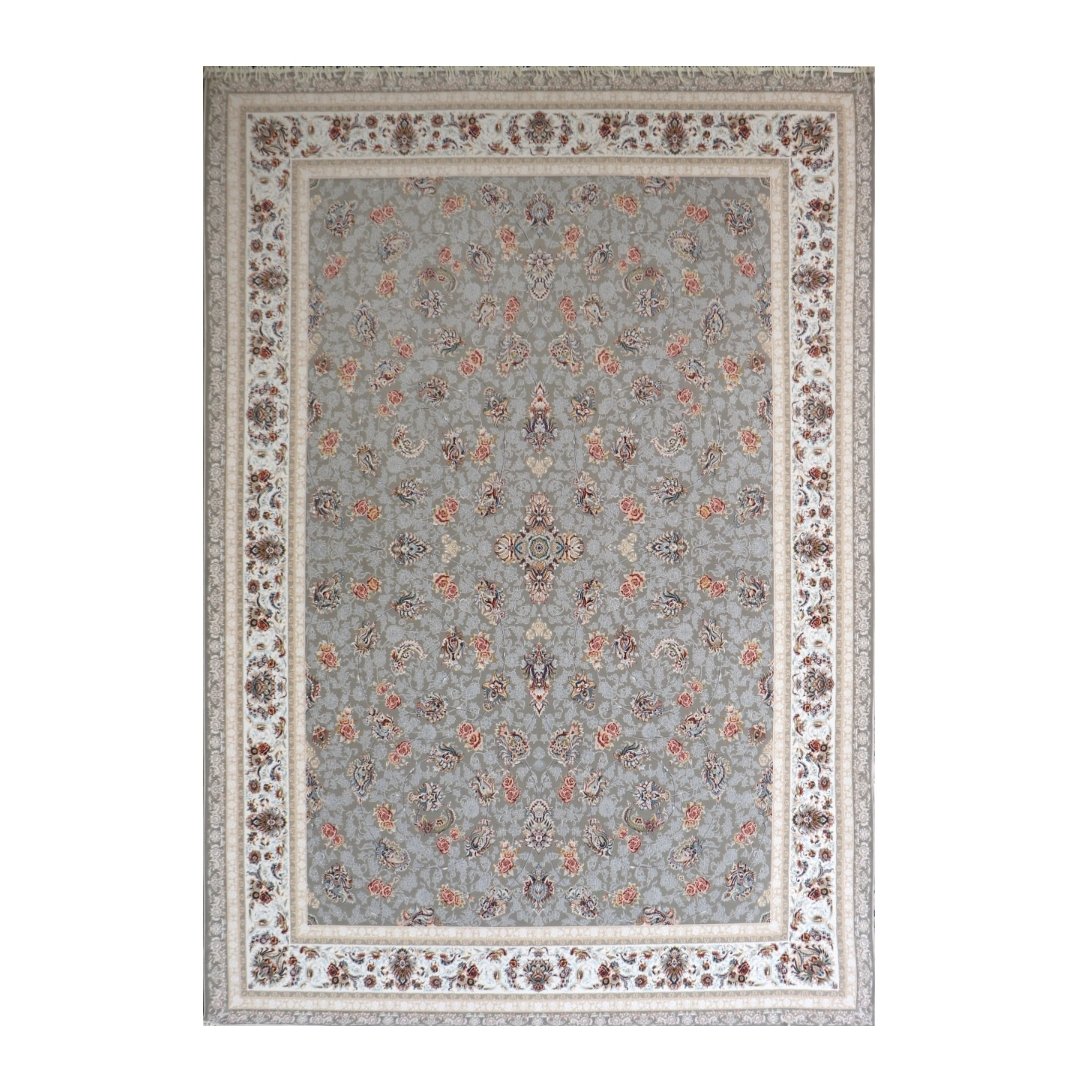 فرش اکرلیک 12 متری 1200 شانه گل برجسته  طلاکوب طرح  گل سرخ رنگ زمینه نقره ای