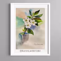 نقاشی دکوراتیو طرح شکوفه های سفید تکنیک آبرنگ 