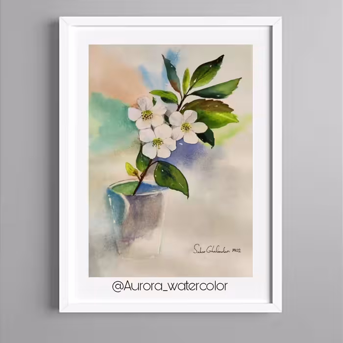 نقاشی دکوراتیو طرح شکوفه های سفید تکنیک آبرنگ 