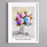 نقاشی طرح گل های ادریسی تکنیک آبرنگ 