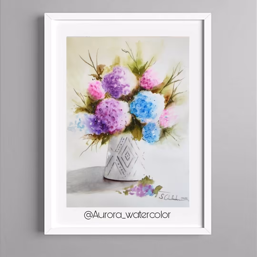 نقاشی طرح گل های ادریسی تکنیک آبرنگ 