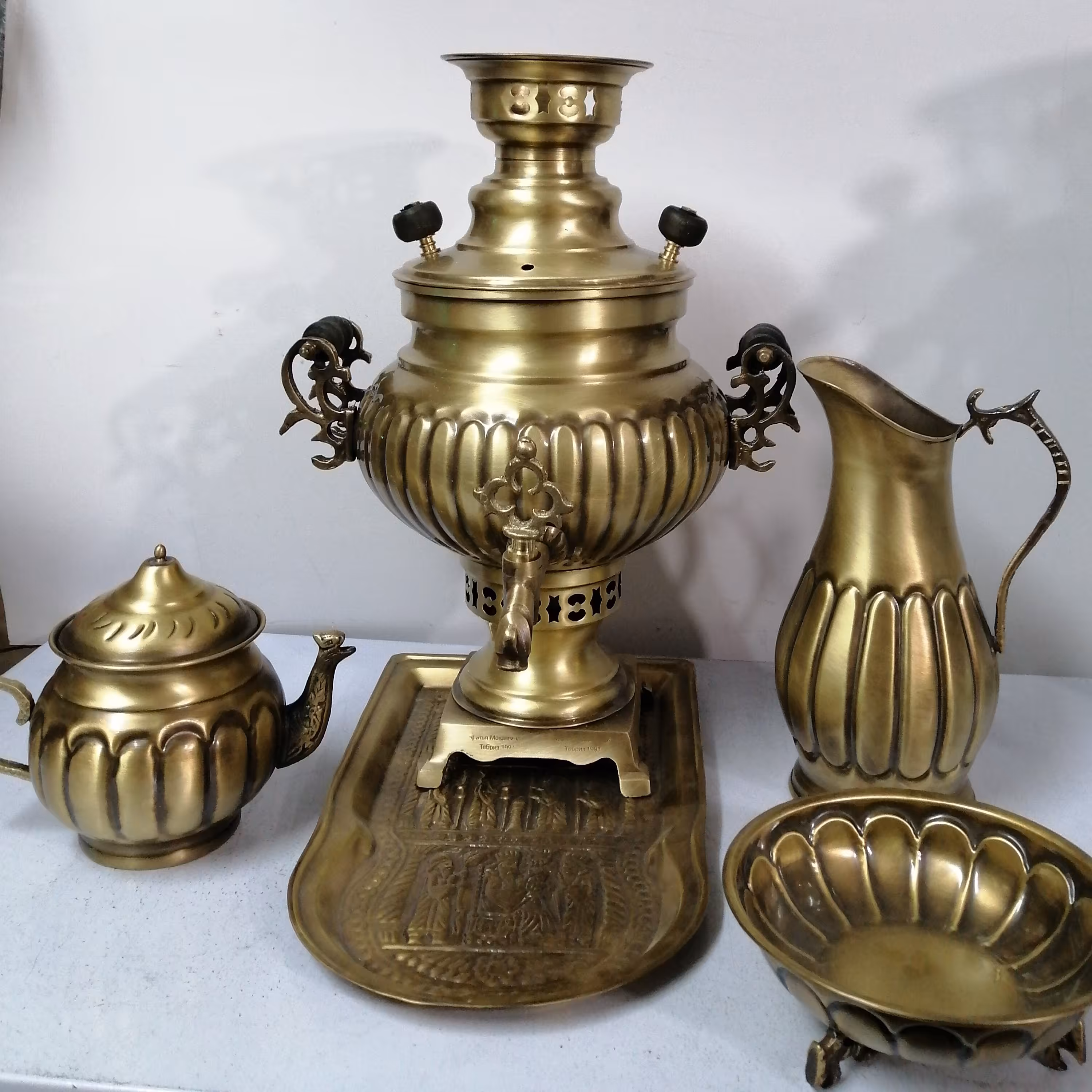 سماور ذغالی زغالی برنجی سرویس کامل آنتیک 