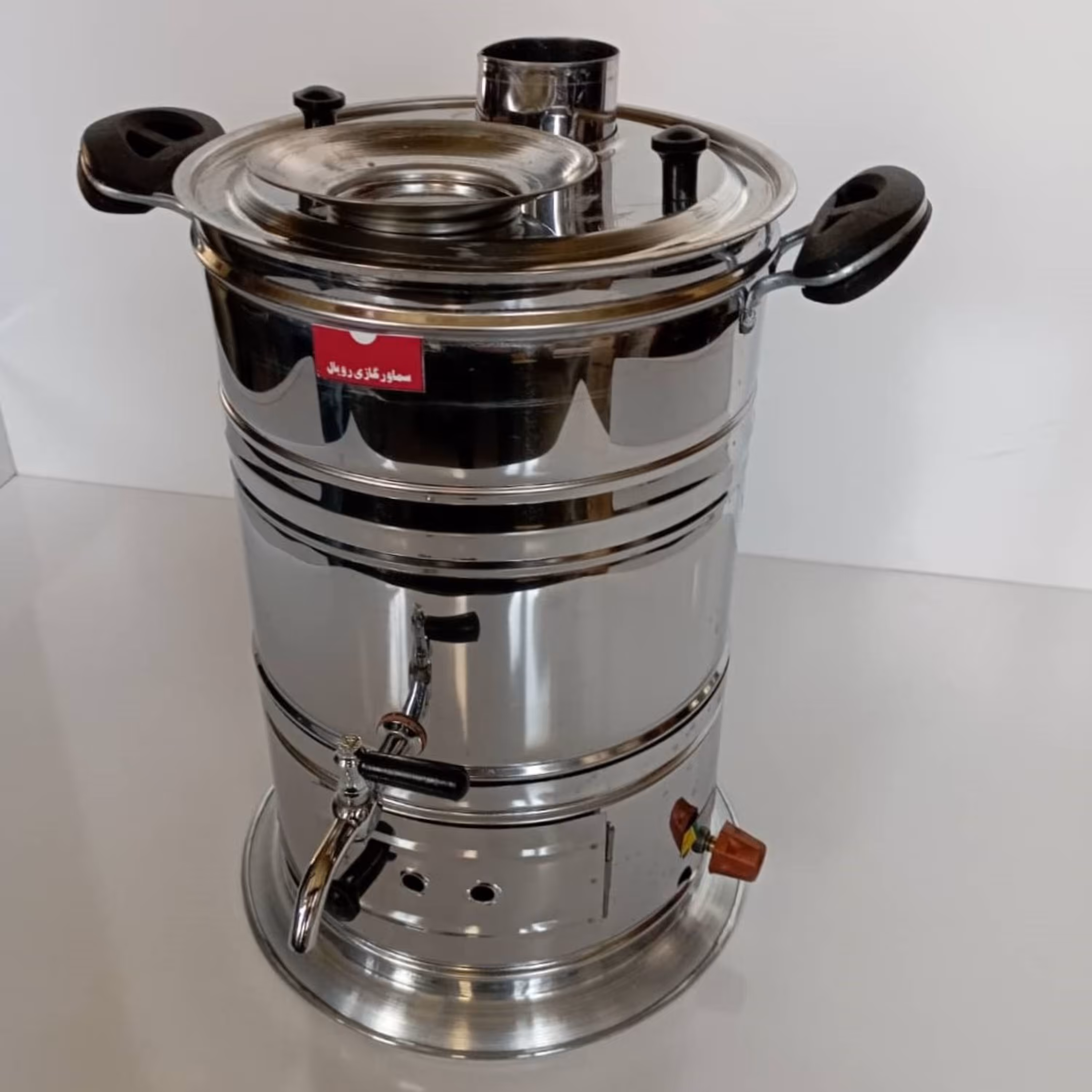 سماور گازی استیل دارای تنوره دارای جای قوری دوازده لیتر
