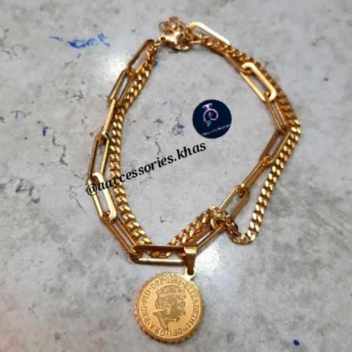 دستبند تمام استیل رنگ ثابت با پلاک الیزابت و قفل طوطی 