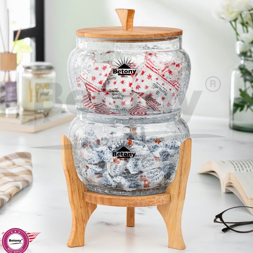 شکلات خوری دوطبقه شیشه آبگز استند چوبی(چوب یک تکه)-کندی دوطبقه