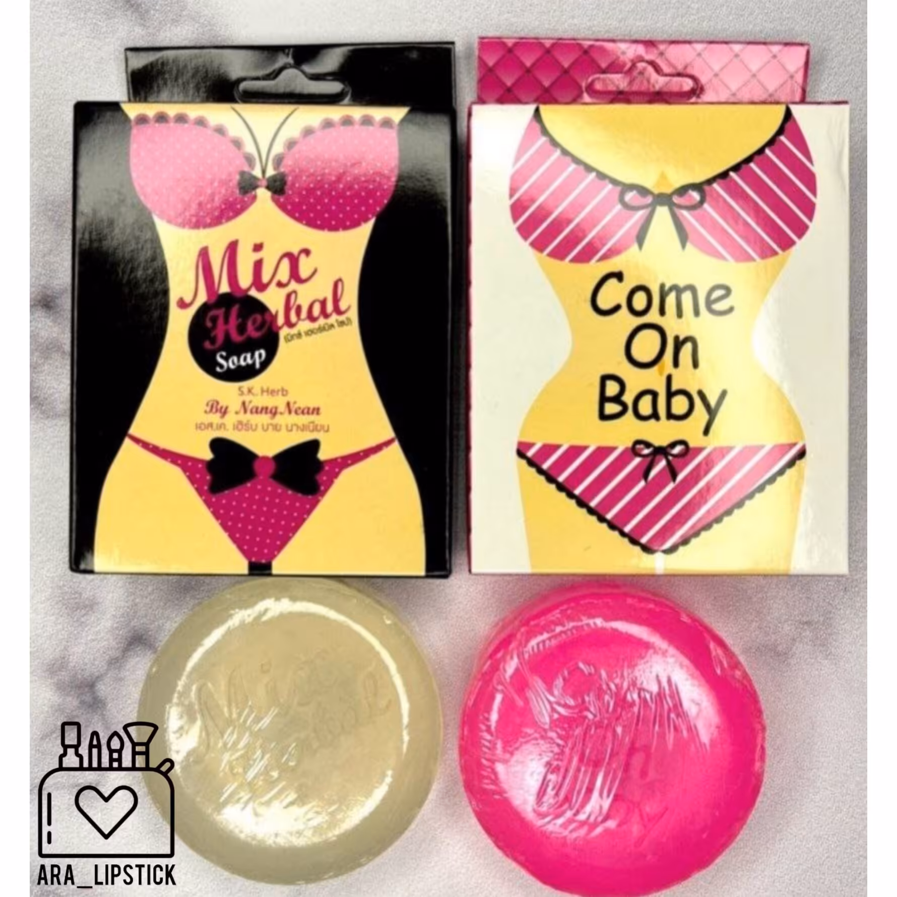 صابون سفید کننده و روشن کننده نواحی حساس تایلندی در دو رایحه گلی ( صورتی ) و گلی میوه ای ( بی رنگ ) سفید کننده و حاوی گل