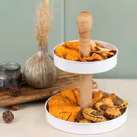 استند فلزی  دو طبقه رنگ سفید شیرینی خوری میوه خوری فینگرفود و مزه خوری دسته چوبی