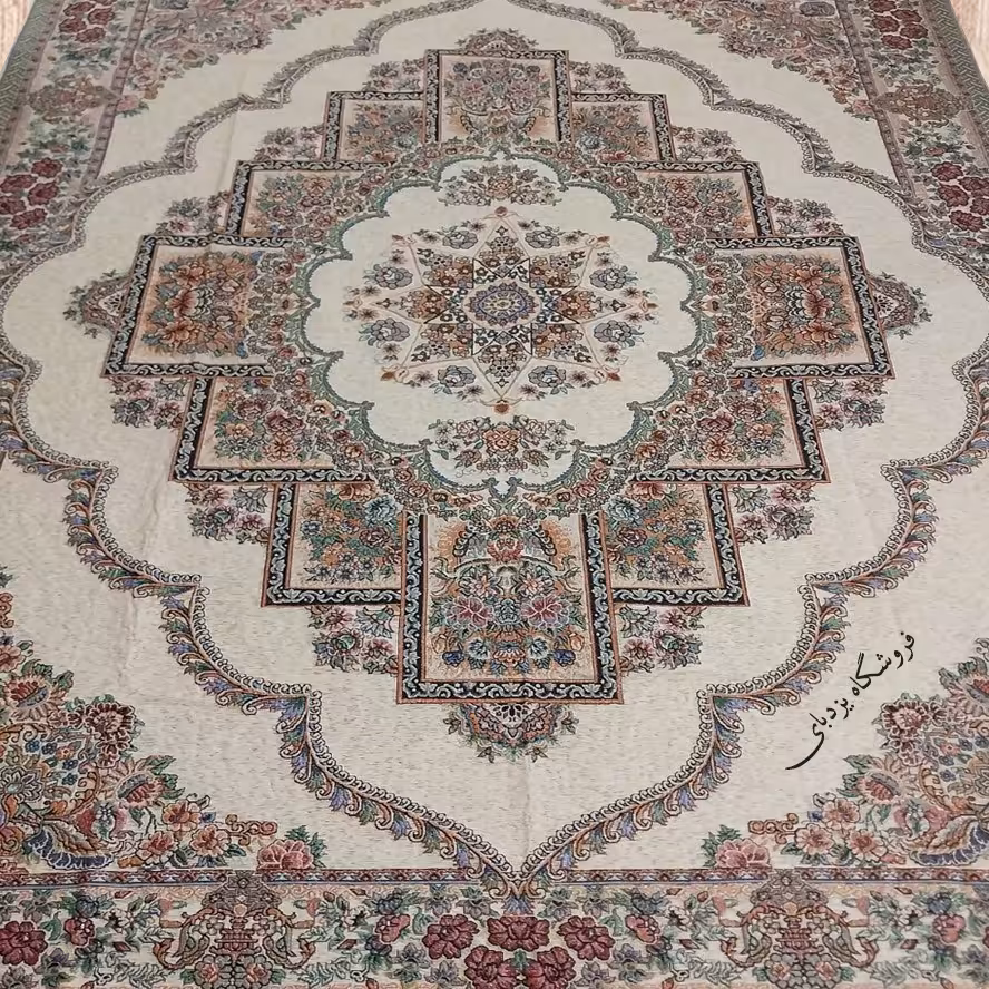 روفرشی 9 متری مخمل زرکدار کرم طرح حوض نقره مدل ستاره ای