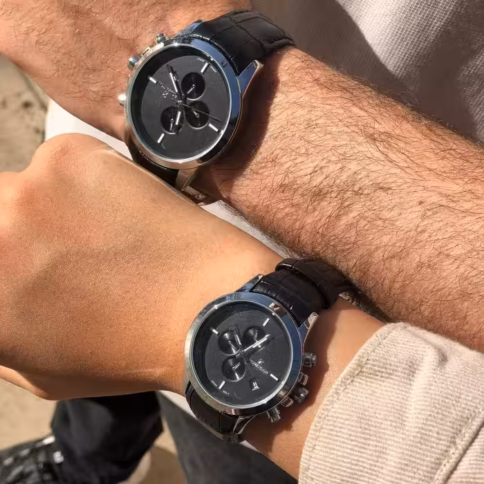 ست ساعت رومانسون زنانه و مردانه بند چرم مشکی 