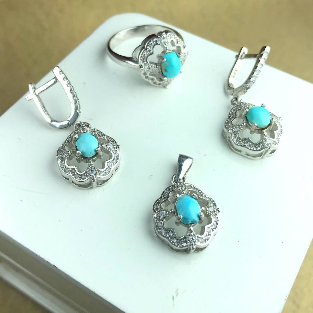 نیم ست زیبا فیروزه نیشابوری اصلی عیار نقره 925