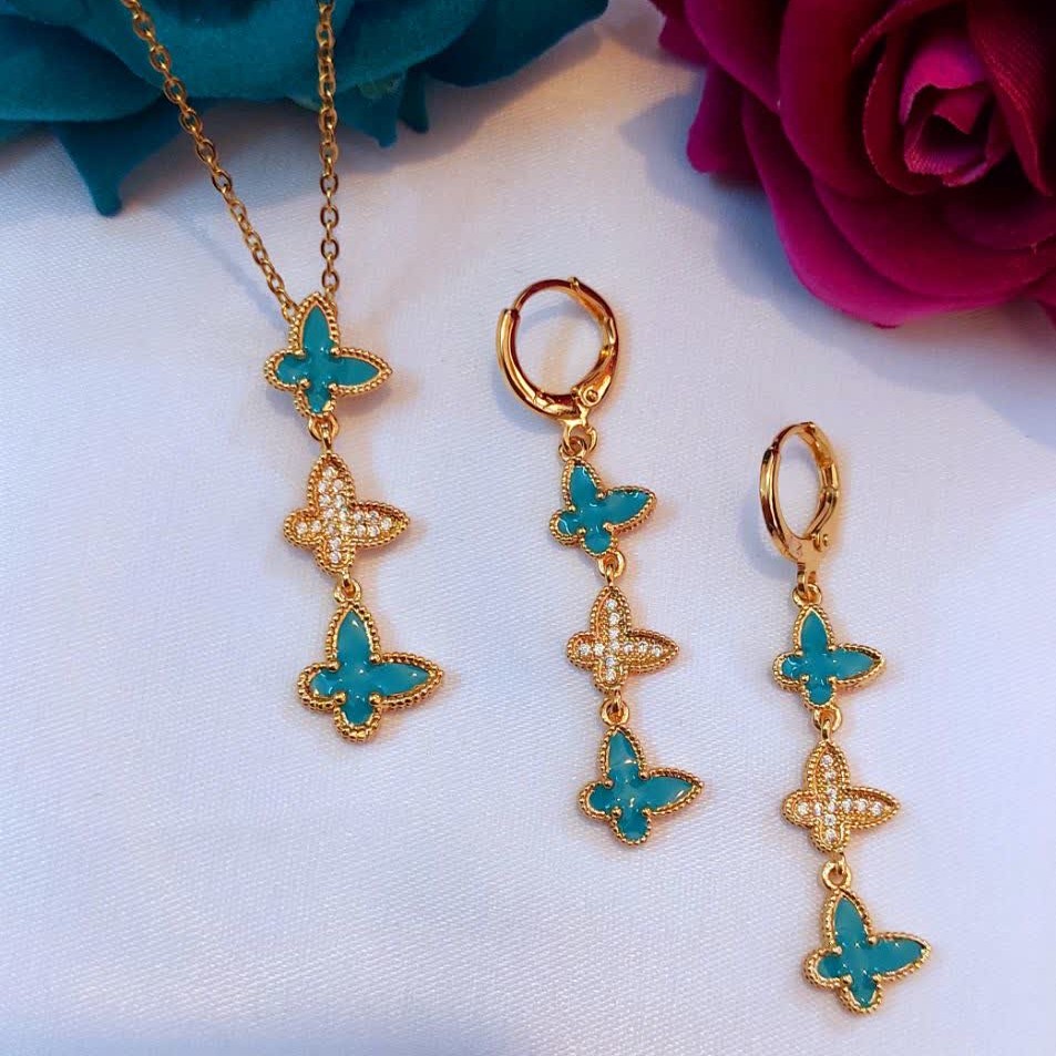 گوشواره و گردنبند نیم ست پروانه ای رنگی