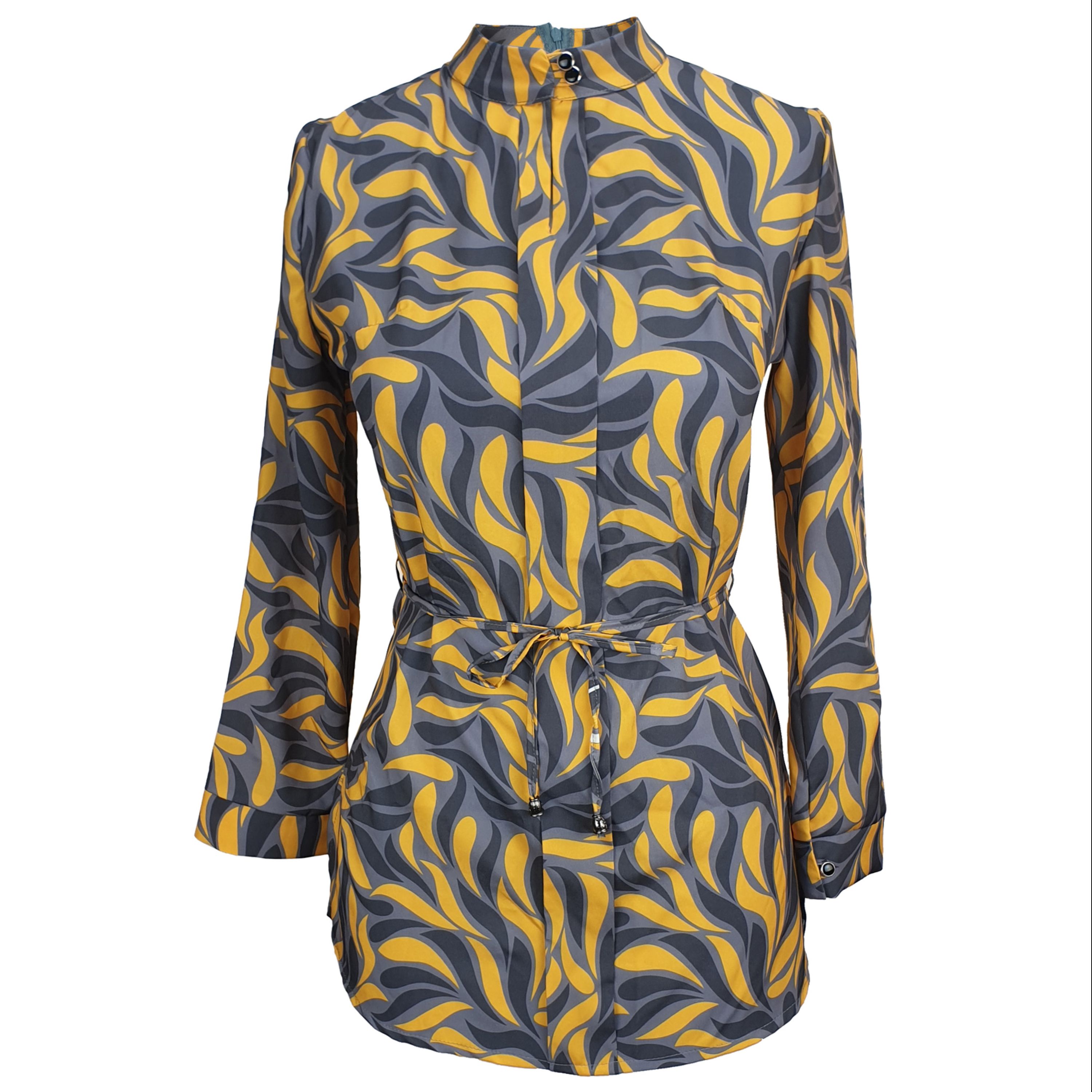 تونیک زنانه دو دکمه رنگ زرد و طوسی طرح برگ سایز 42