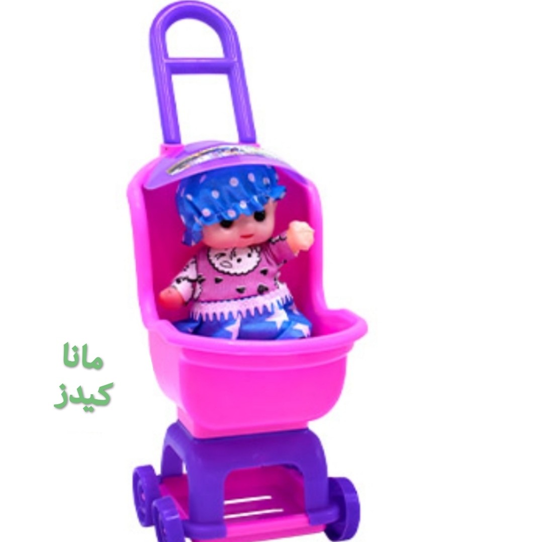 اسباب بازی کالسکه با عروسک بی بی همراه با شیشه پستونک رنگ صورتی دخترونه