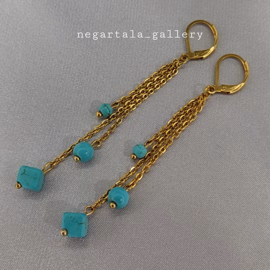  گوشواره آویز دار دستساز استیل رنگ ثابت فیروزه ای