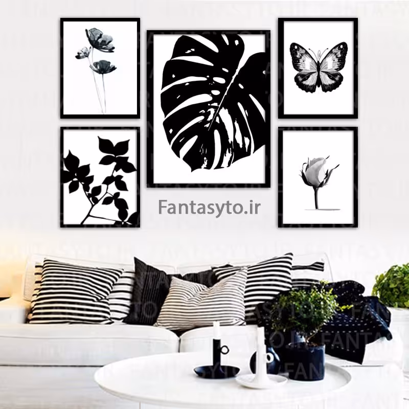 تابلو دکوراتیو طراحی سیاه قلم طرح برگ وگل(5تابلو درسایز مختلف) 