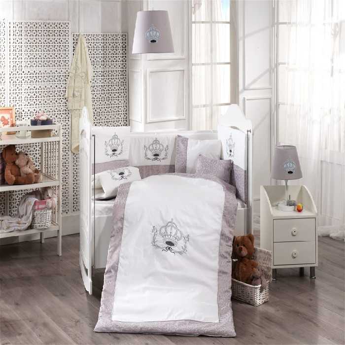 سرویس خواب 9 تکه مام شاپ نوزادی گارددار مام شاپ ترک رنگ طوسی تاج دخترانه MOMI SHOP