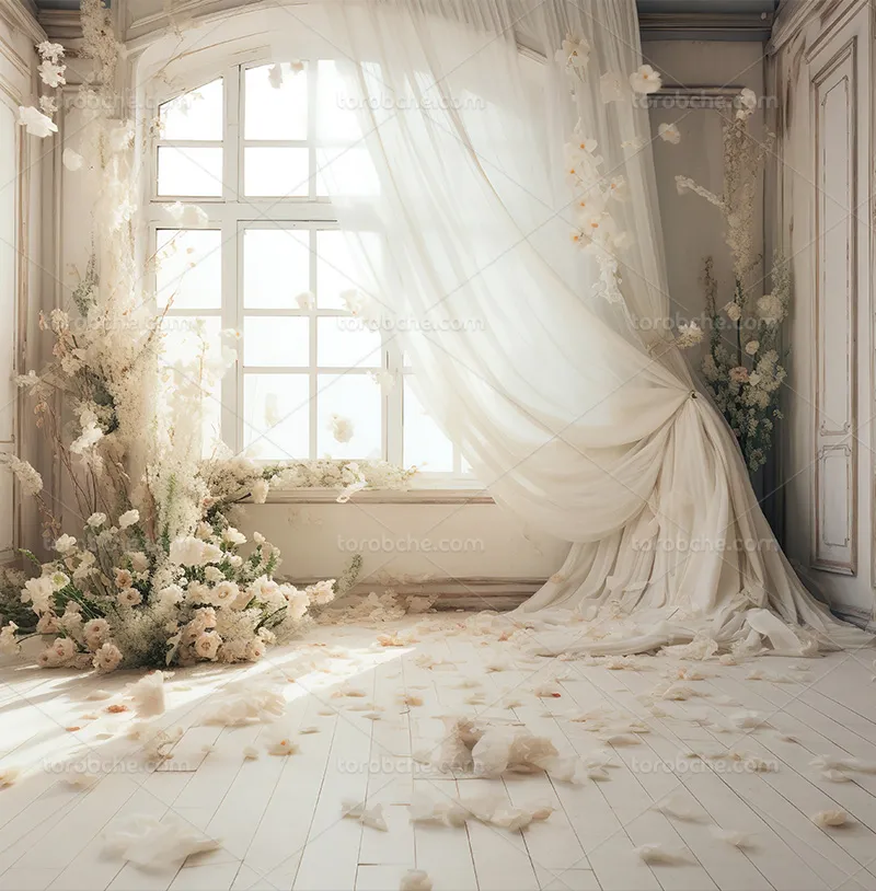 بک دراپ عکاسی با پرده و گلهای سفید | گرافیک با طعم تربچه