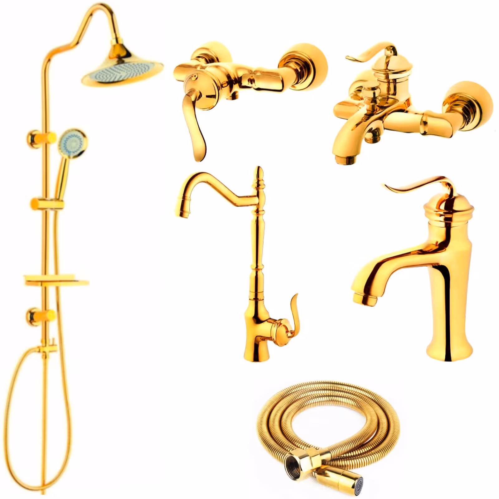 ست شیرآلات رز مدل آرنیکا 2 مکس مجموعه 6 عددی طلایی به همراه علم دوش دوکاره شیپوری و شلنگ سرویس بهداشتی 