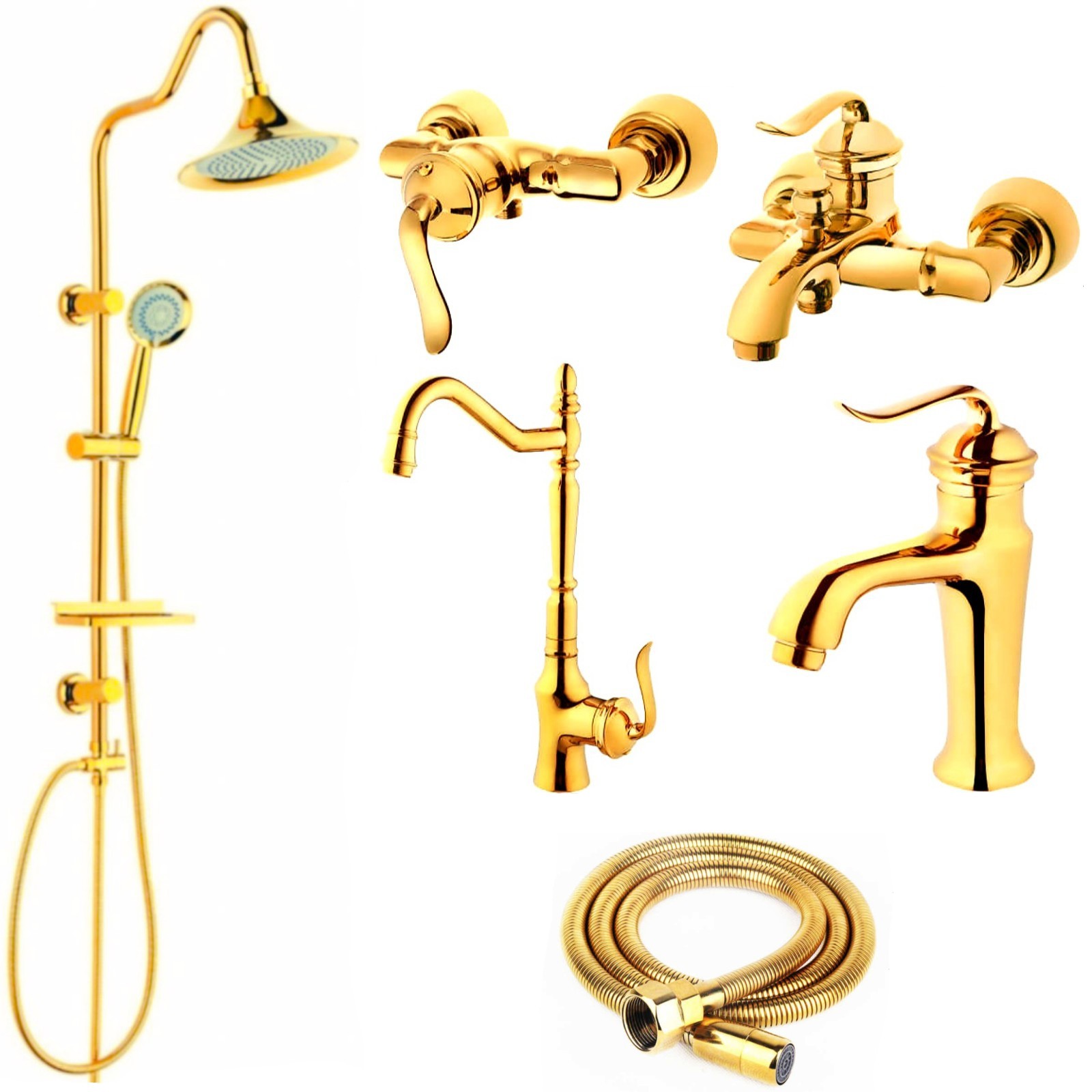 ست شیرآلات رز مدل آرنیکا 2 مکس مجموعه 6 عددی طلایی به همراه علم دوش دوکاره شیپوری و شلنگ سرویس بهداشتی 