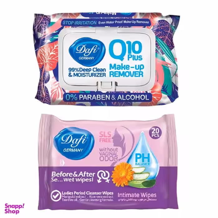 دستمال مرطوب دافی (Dafi) مدل Q10 بسته 50 عددی به همراه دستمال مرطوب بانوان دافی مدل Wo2 بسته 20 عددی