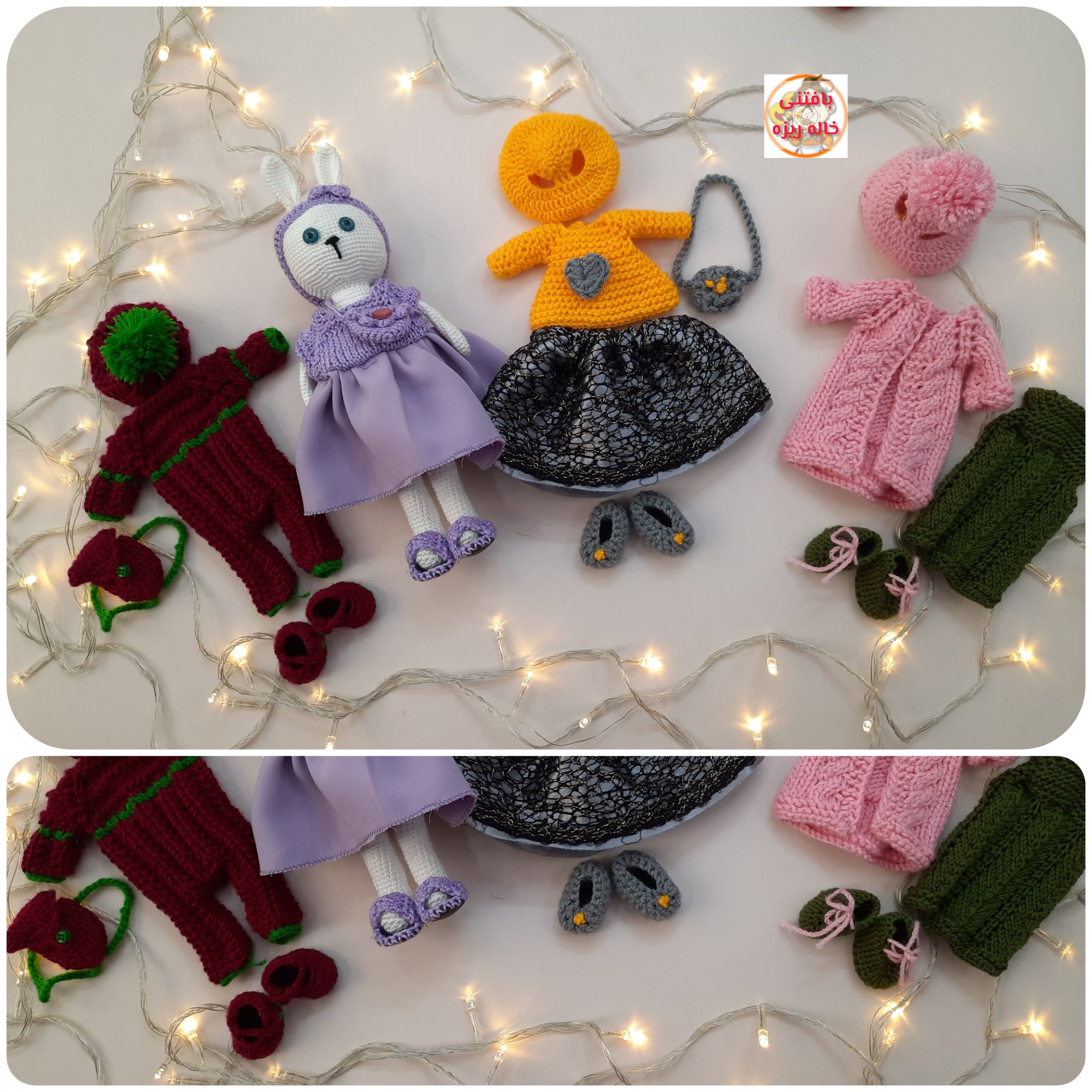 خرگوش دستباف با لباس قابل تعویض،وتعداد لباس به دلخواه مشتری ،رنگ عروسک ولباس با نظر مشتری