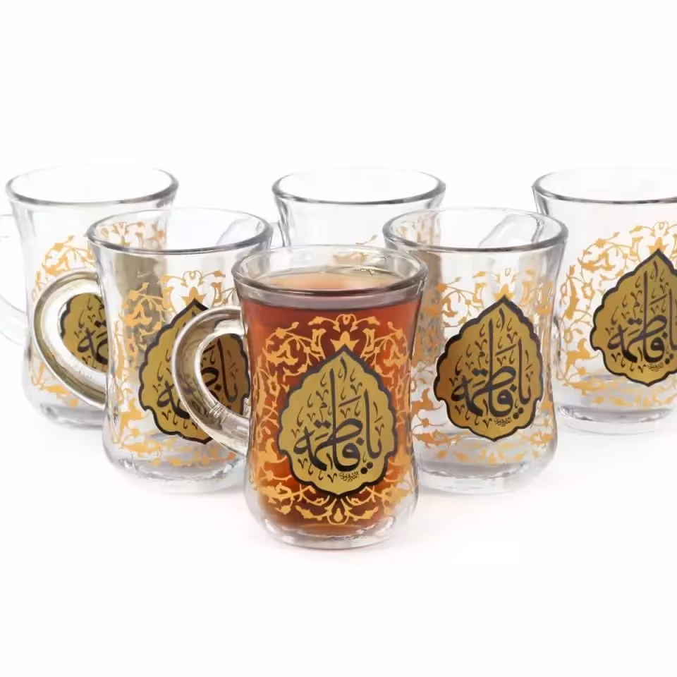 ست شش عددی استکان کمر باریک دسته دار با شعار یا فاطمه سلام الله علیها

