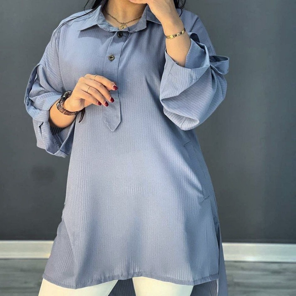 تونیک زنانه جیب دار جنس حریر میله ای اعلا فری سایز 38 تا 46