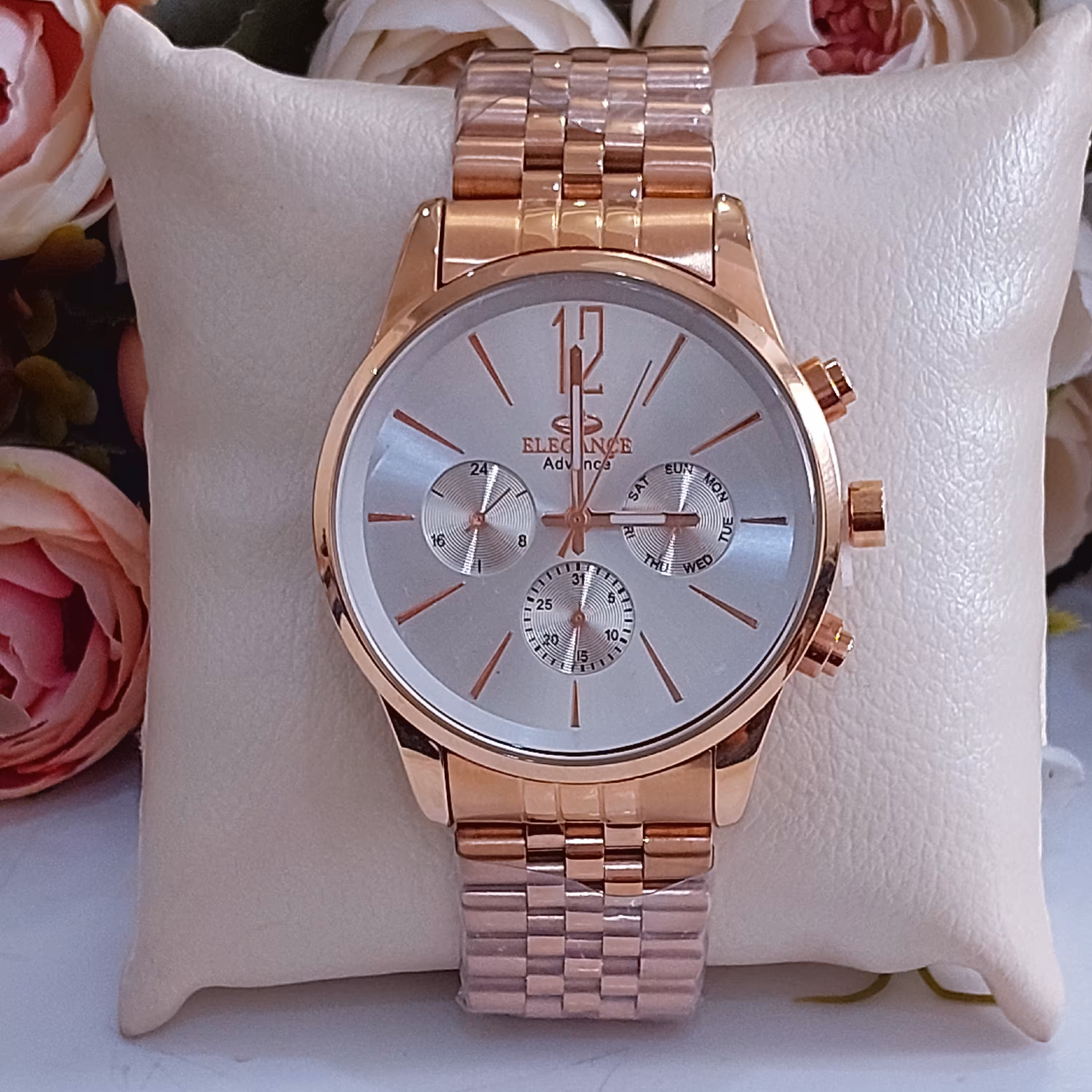 ساعت مچی مردانه الگانس 3موتوره الگانسELEGANCE رزگلد صفحه سفید