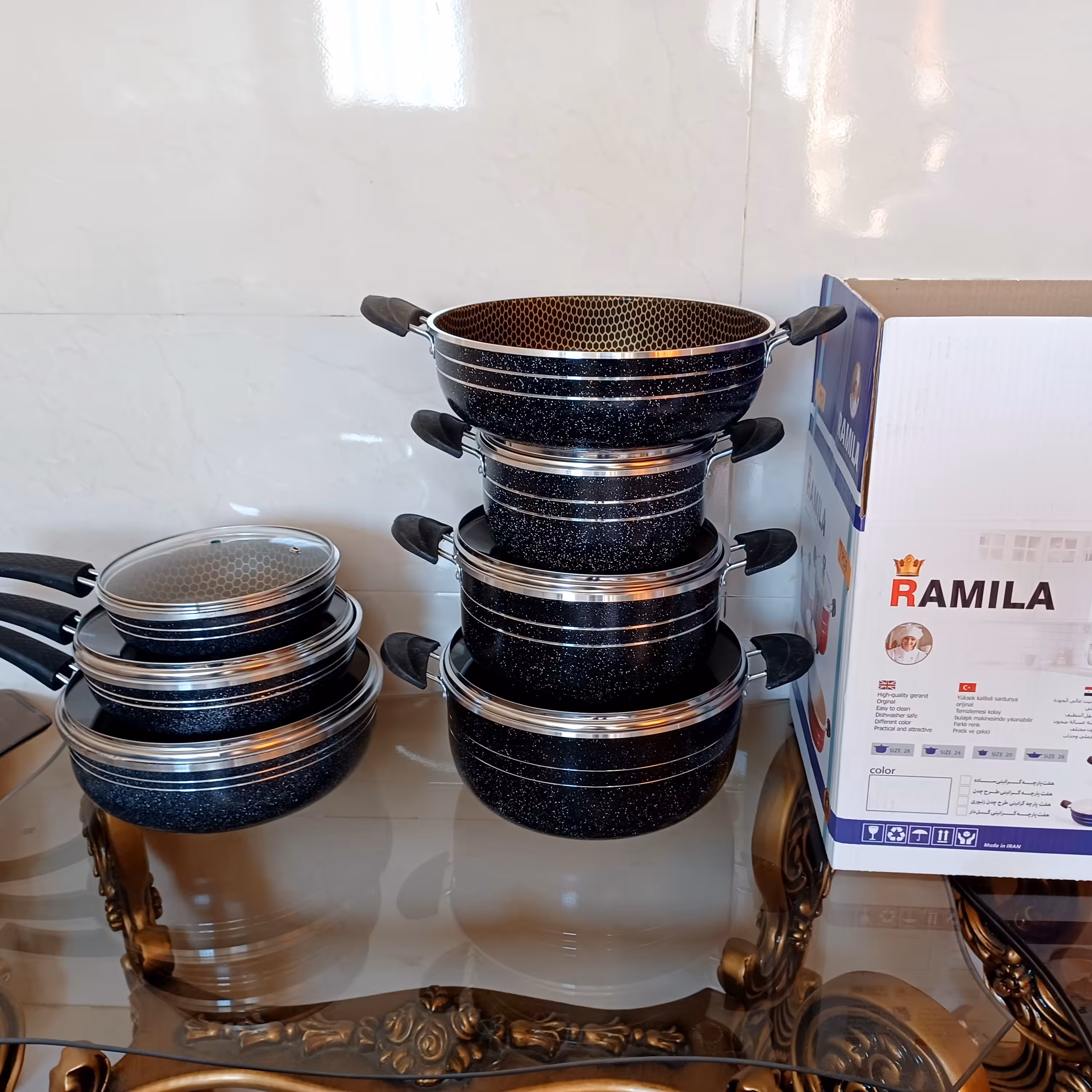 سرویس قابلمه ده پارچه زنبوری رامیلا تولید شده از گرانیت خالص  - ساخت شرکت تولیدی قابلمه روحی رامیلا