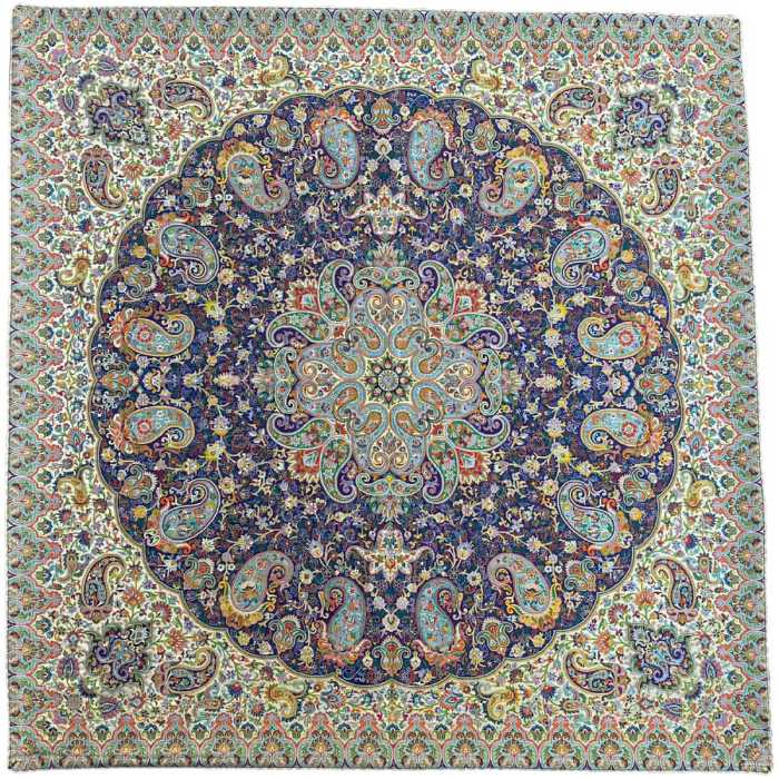 رومیزی مربع ترمه ابریشم کد TRM153 نفیس رنگ سرمه ای آستر سرمه ای مغزی دوزی 