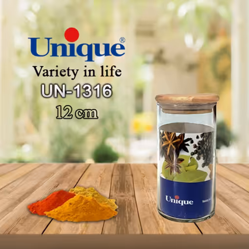 ظرف ادویه شیشه ای درب چوبی یونیک 12 سانتیمتری UN-1316