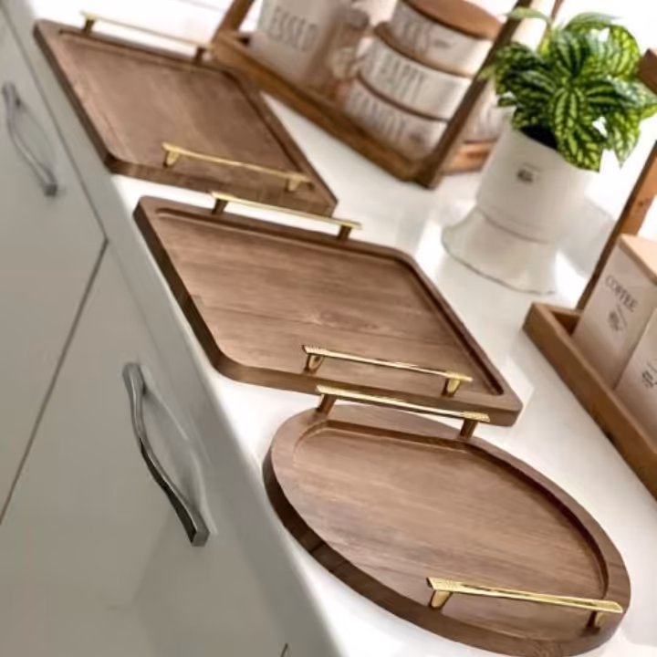 سینی چوبی دسته طلایی(ضد آب)