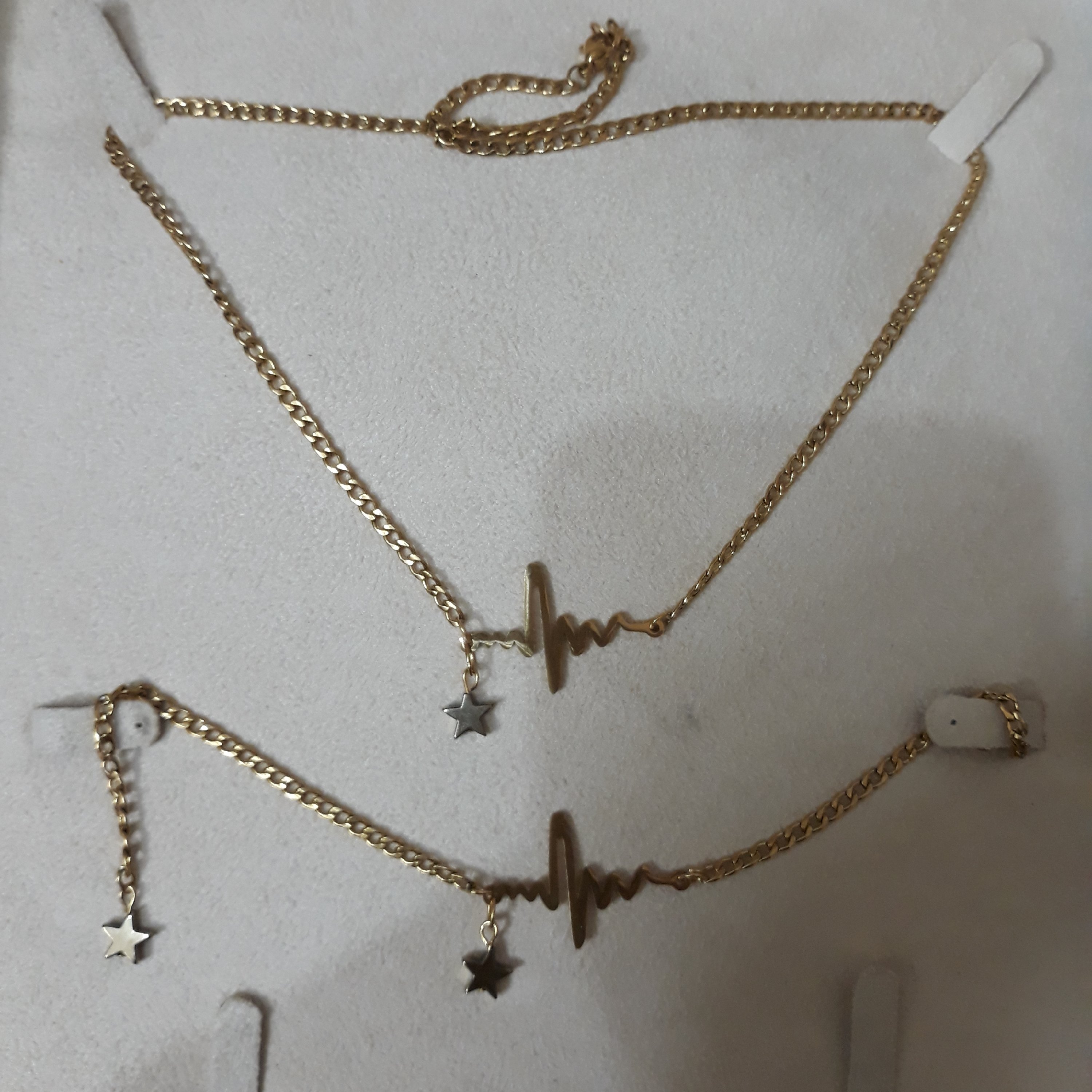 نیم ست دستبند و گردنبند زنجیر کارتیر ظریف پلاک استیل طرح ضربان به همراه اویز ستاره ای