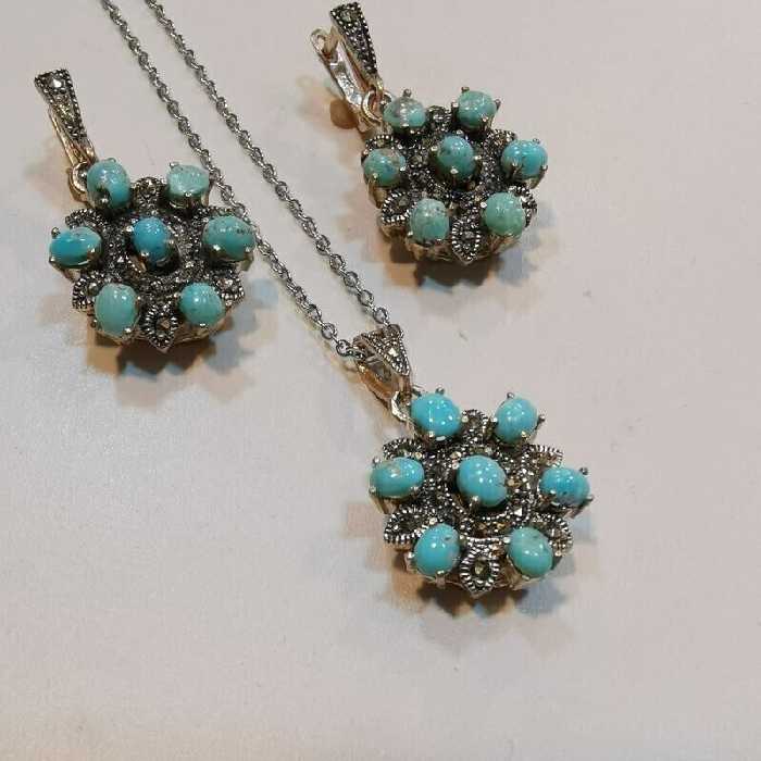 4-نیم ست نقره عیار 925 با طرح سیاه قلم و سنگ فیروزه نیشابور-W 18.4