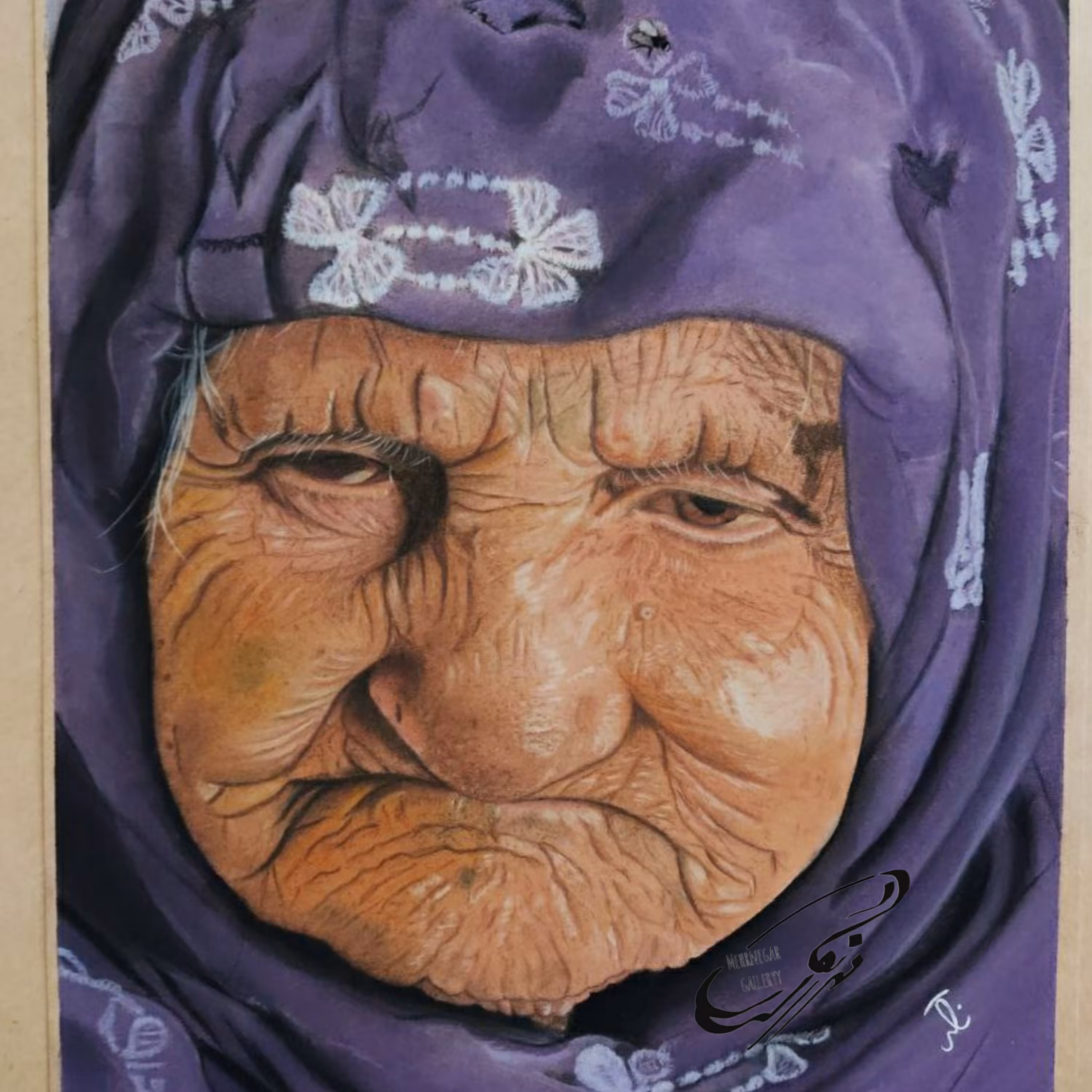 تابلو چهره پیرزن تکنیک پاستل گچی و پاستل مدادی30در40