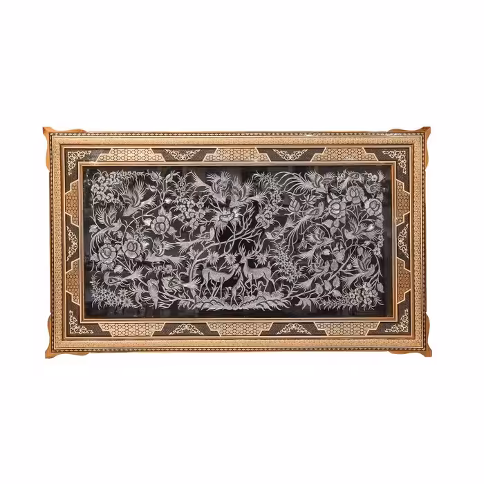 تابلو قلم زنی گل و مرغ همراه با قاب صلیبی خاتم کاری( گارانتی 120 ماهه )