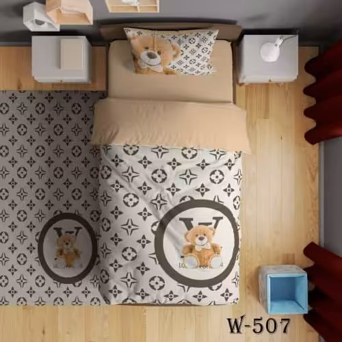 سرویس روتختی یک نفره میکروتترون سه بعدی سفید کرم خرسی طرح  lv مناسب کودک و نوجوان