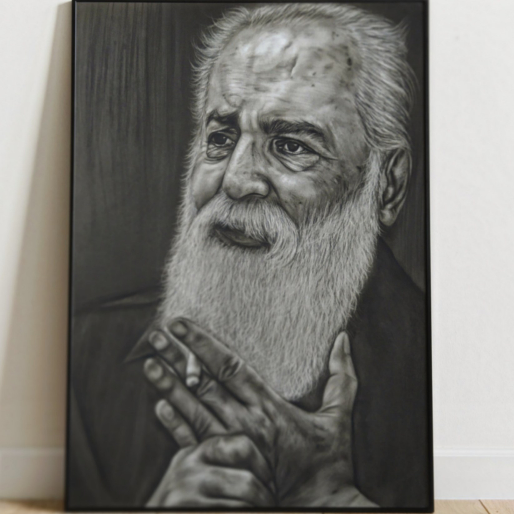 نقاشی سیاه قلم چهره استاد هوشنگ ابتهاج ه الف سایه