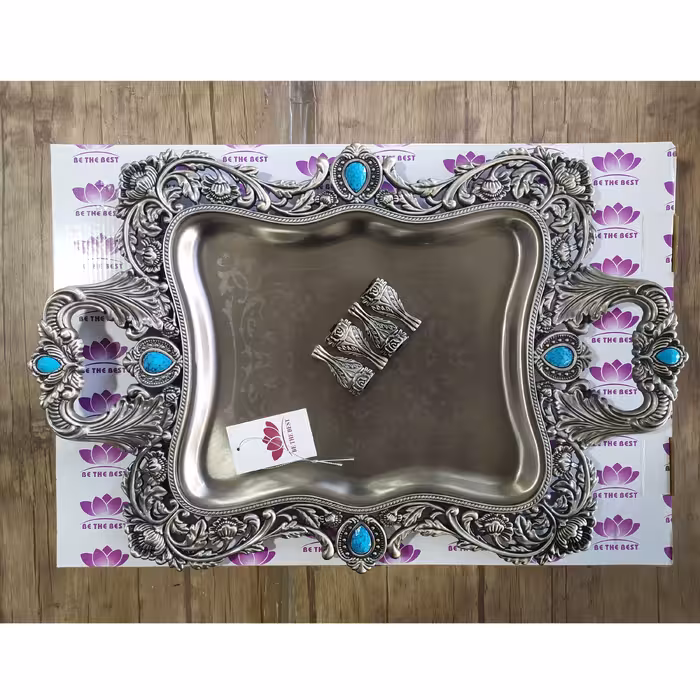 سینی پیوتر پایه دار نگین آبی سایز بزرگ خارجی