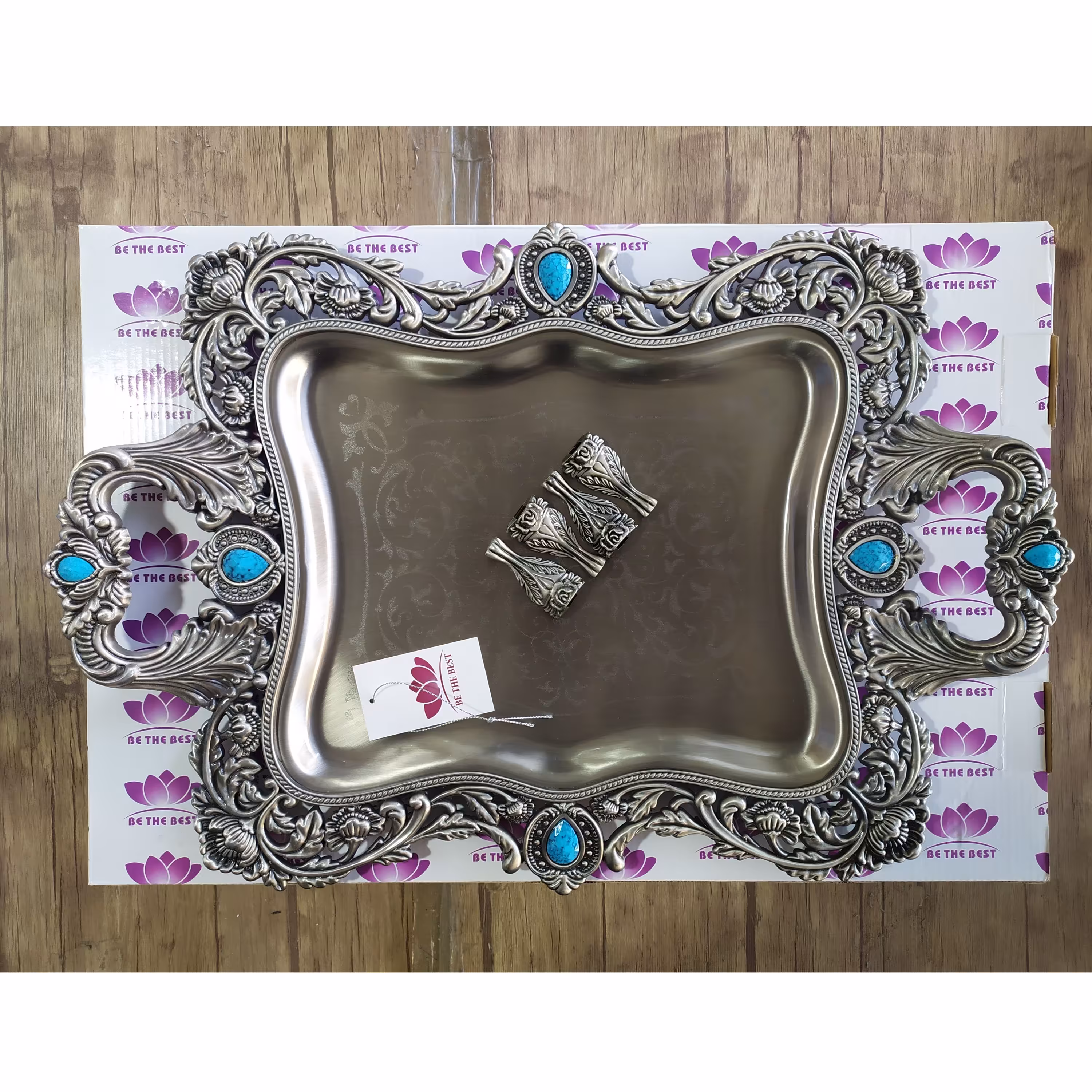 سینی پیوتر پایه دار نگین آبی سایز بزرگ خارجی