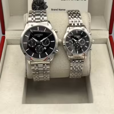 ست ساعت زنانه و مردانه مارک سیتیزن VIP بنداستیل نقره ای صفحه مشکی