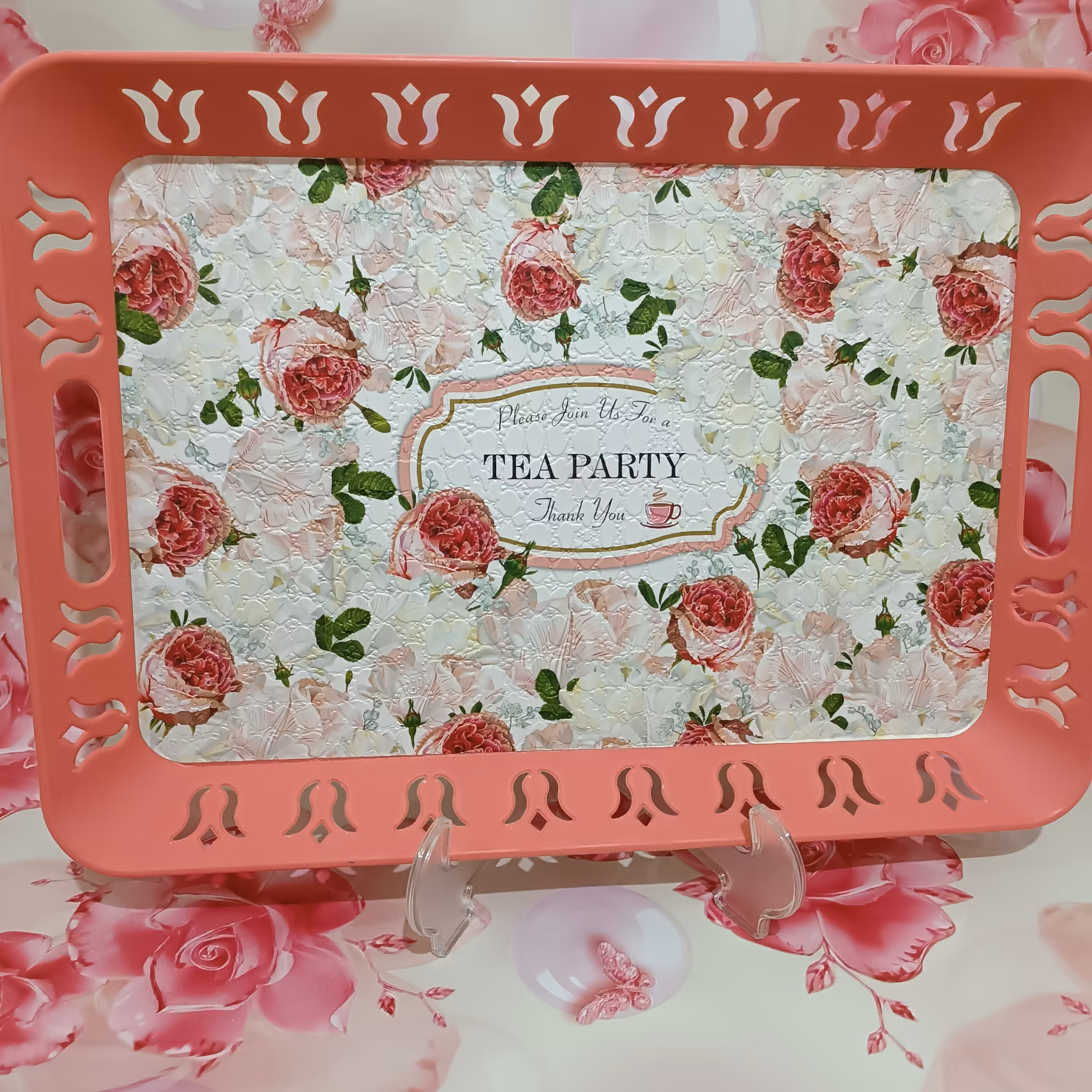 سینی مستطیلی طرحدار،رنگ سفید و صورتی،طول 42عرض30