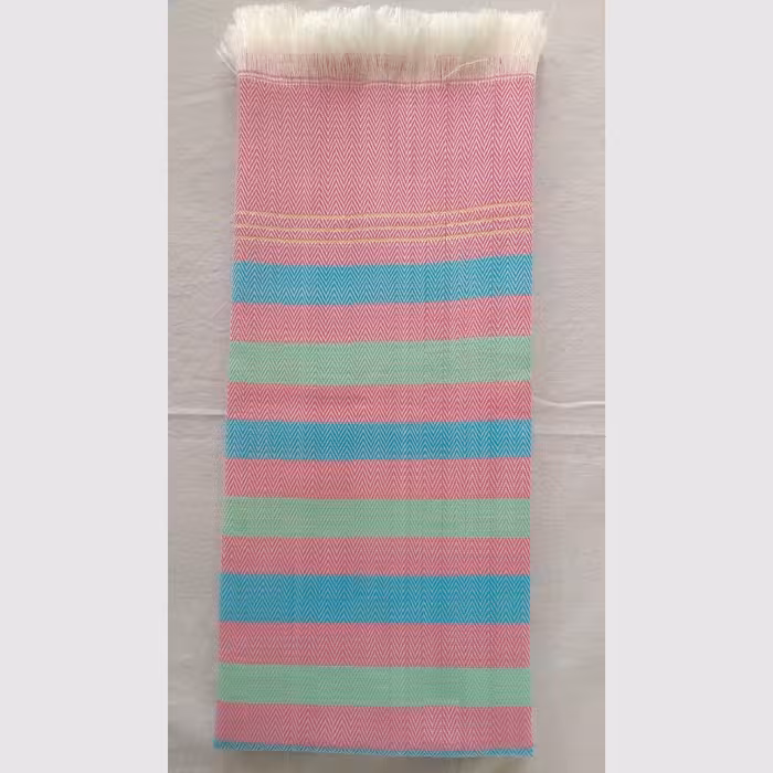 حوله دستباف دست و صورت راه راه صورتی با خطوط آبی فیروزه ای و سبز پسته ای