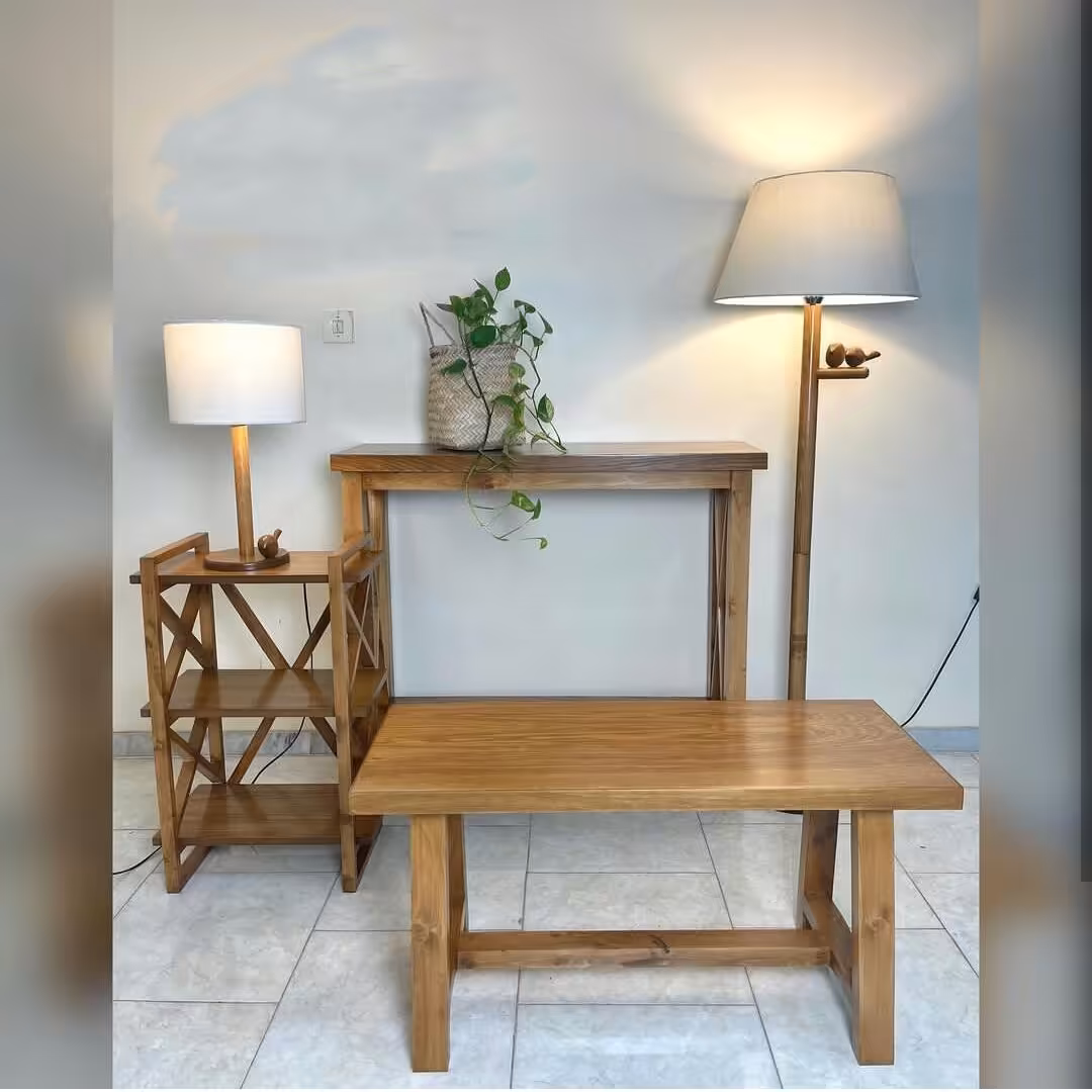 ست نیکمت و کنسول و استند سه طبقه چوبی رنگ قهوه ای چوب روس