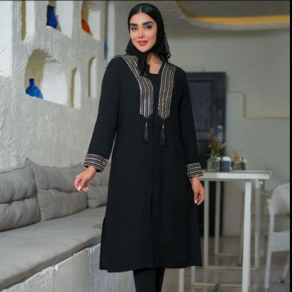 مانتو سایز بزرگ مشکی با خرجکار سوزن دوزی