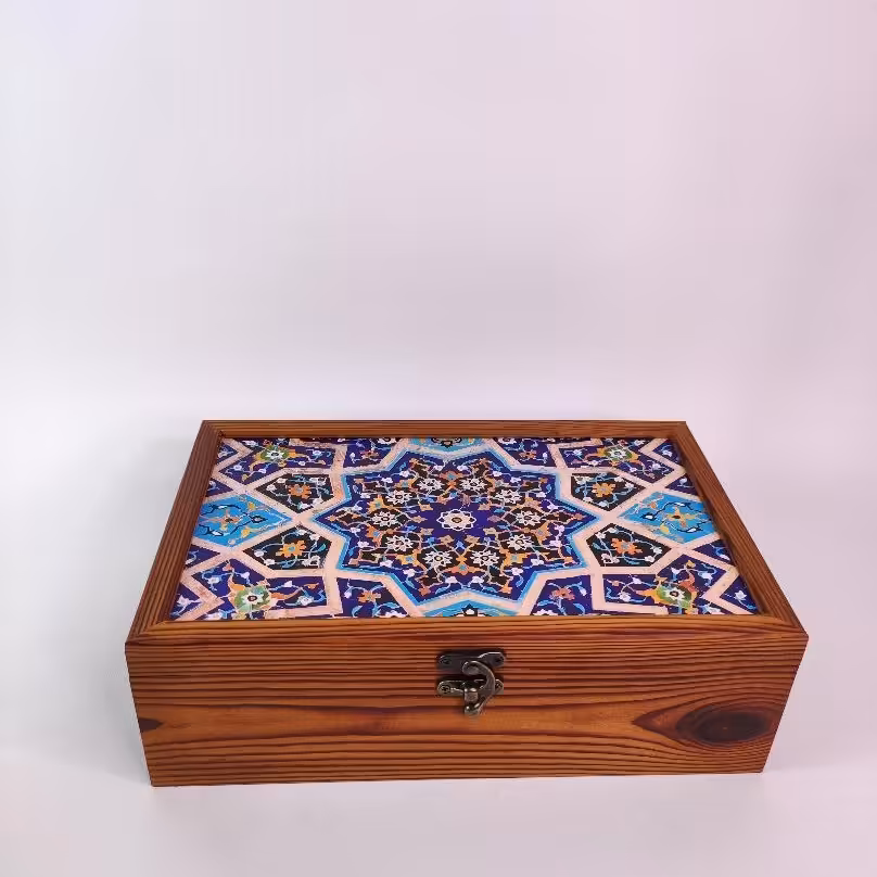 جعبه چوبی هدیه زعفران مدل 17  در27