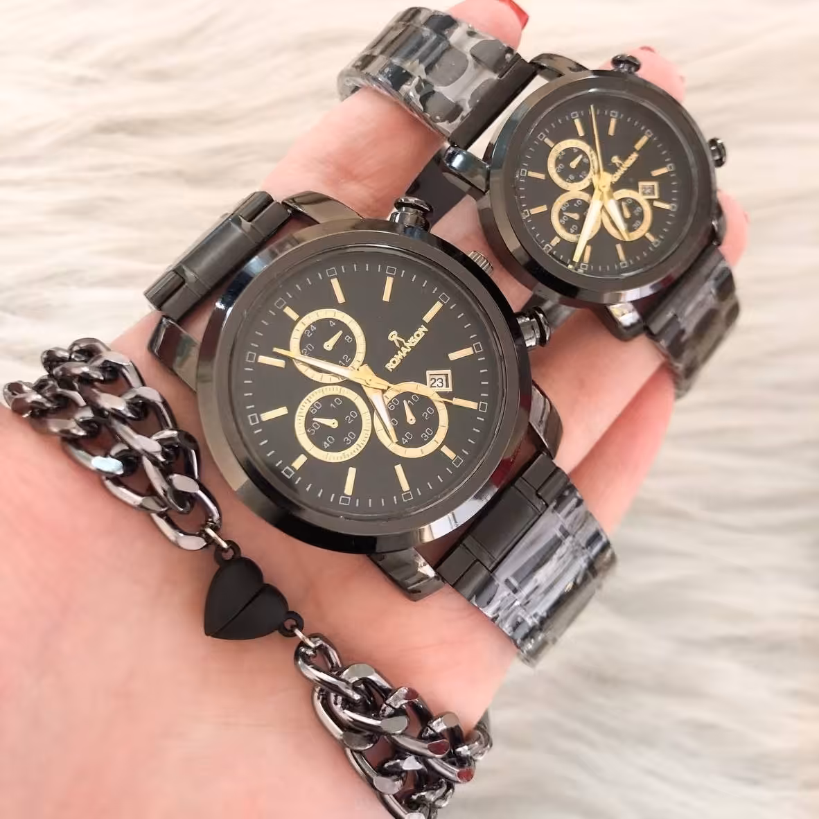 ست ساعت زنانه و مردانه و ست دستبند عشق ( ارسال رایگان ) ست ساعت رومانسون بند استیل مشکی طرح سه موتوره تقویم دار