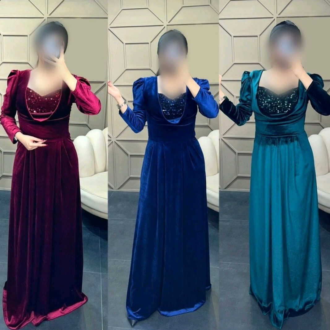 لباس مجلسی زنانه فرمالیته نامزدی عقد سایز 36 تا 50 ماکسی مجلسی مدل آیدا مخمل کره ای بالا تنه پولک