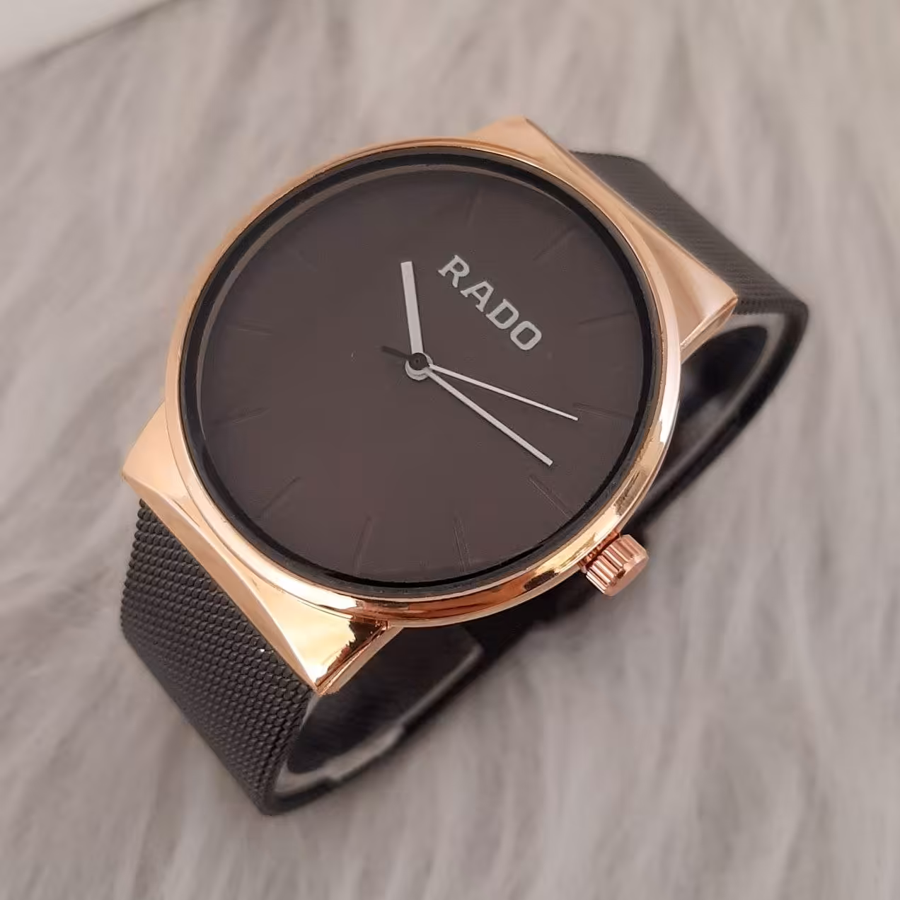 ساعت رادو مردانه بند حصیری مشکی قاب رز گلد