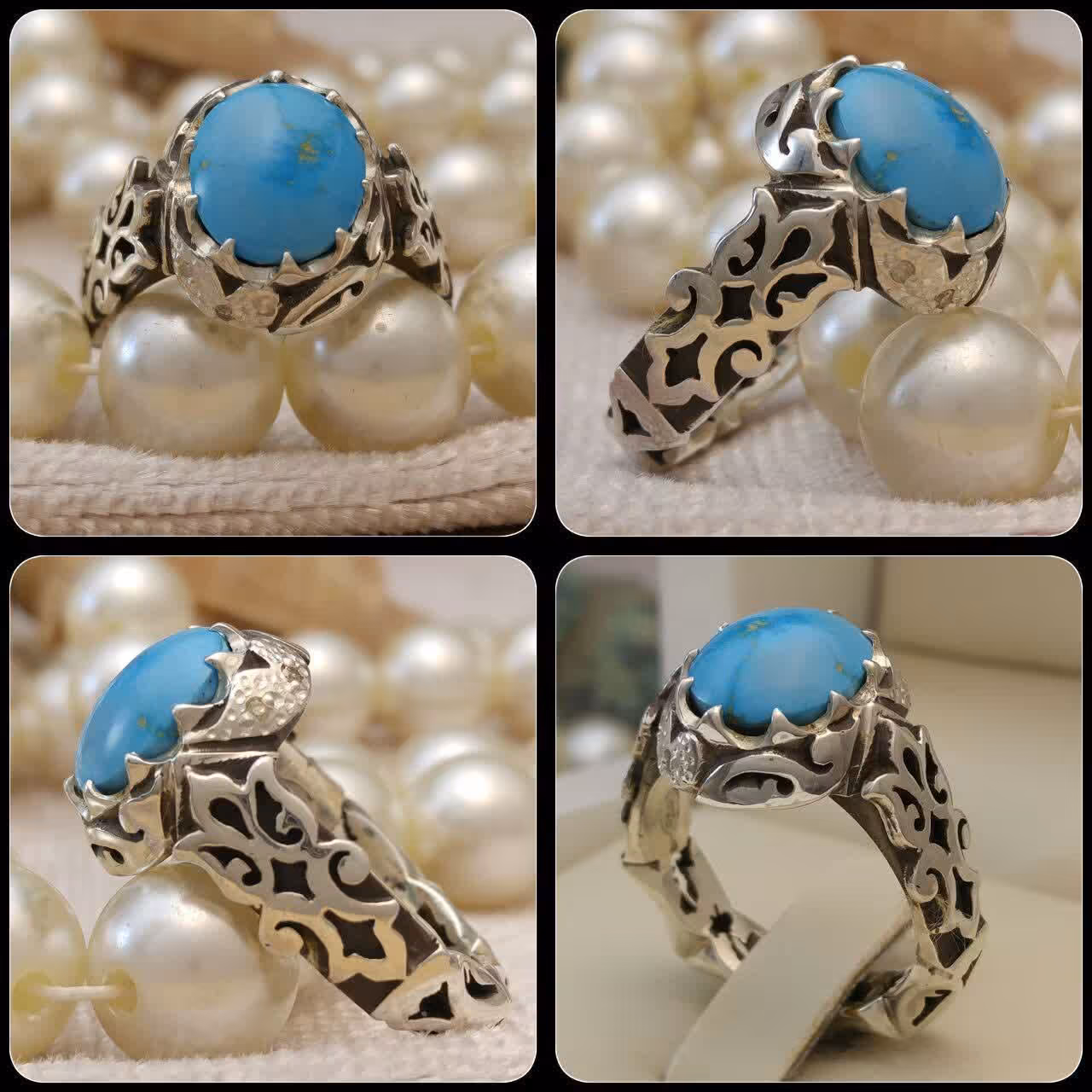 انگشترنقره مردانه فیروزه نیشابوری رکاب صفوی تمام شبکه ای هنر دست نقره عیار 925 دوربرلیان
